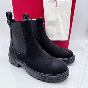 Salvatore Ferragamo Varsi Chelsea Boot Black Gancini Logo Lug Suede US 8.5 C